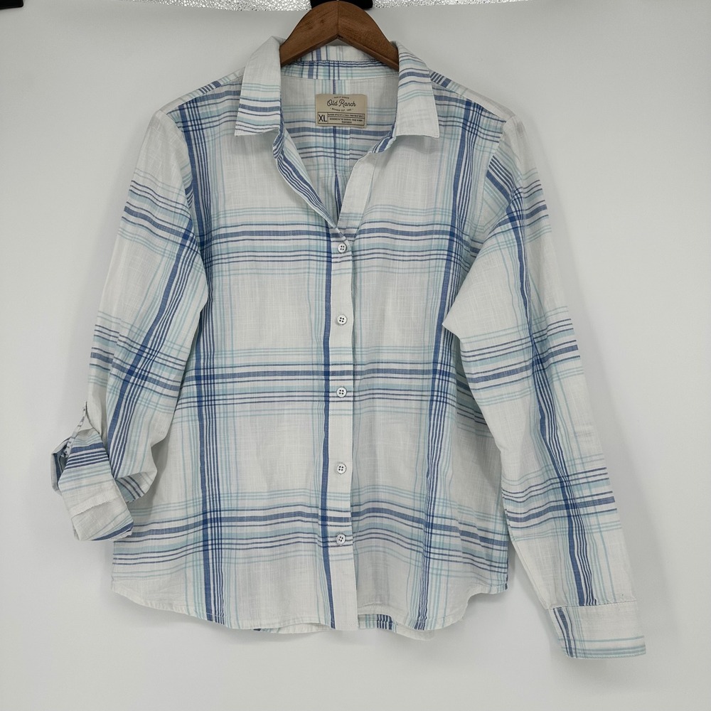 Coastal Womens Blue White Plaid Minimalist Cotton Roll Tab Button Down Shirt‎ XL